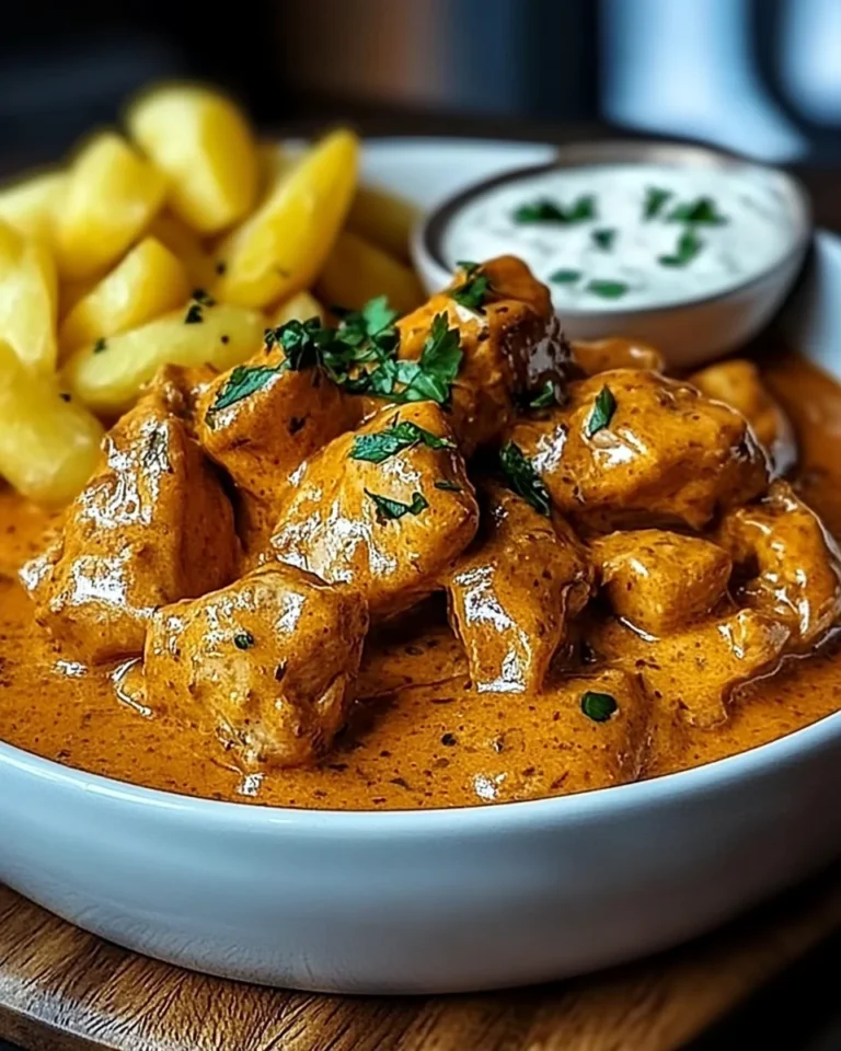 Butter Chicken mit Knoblauchsauce und knusprigen Pommes
