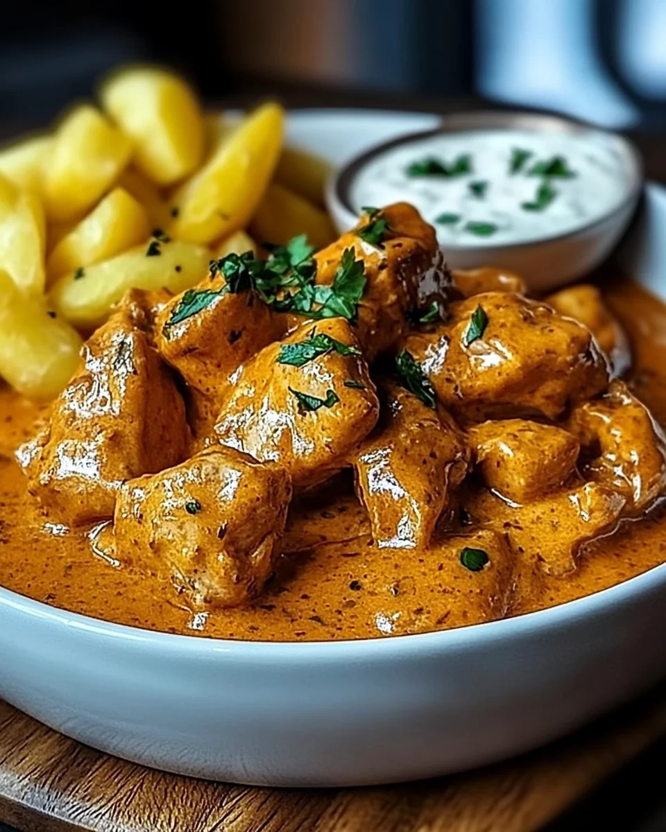 Butter Chicken mit Knoblauchsauce und knusprigen Pommes
