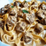 Cremige Pasta in Pilz-Sahne-Sauce mit Hackfleischbällchen