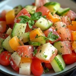 Melonensalat mit PutenHähnchenHähnchenschinken und Tomaten