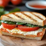 Panini-Sandwich mit Tomaten, Mozzarella und Spinat