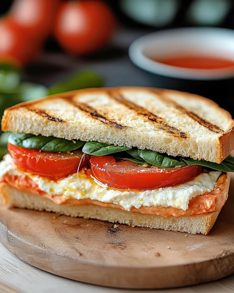 Panini-Sandwich mit Tomaten, Mozzarella und Spinat