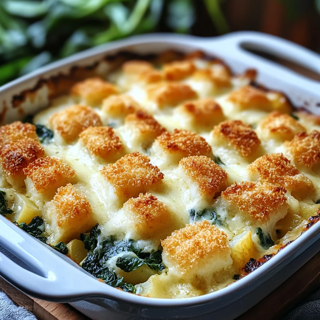 Fischstäbchen-Auflauf mit Kartoffeln und Spinat