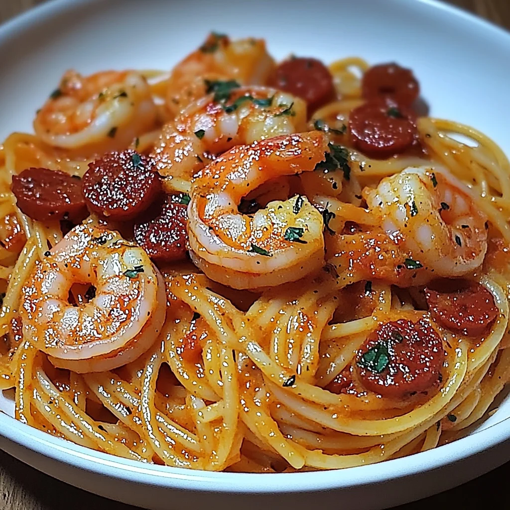 Spaghetti à la Crème de Poivron, Chorizo & Crevettes